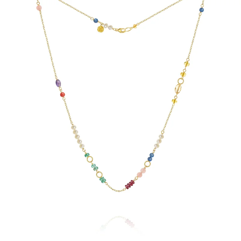 Ladies silver heart necklace-Piccolo Bloom 18K Gold Necklace, 43 cm w. Emerald, Ruby, Quartz, Kyanite, Pearl, Citrin, Coral & Amethyst