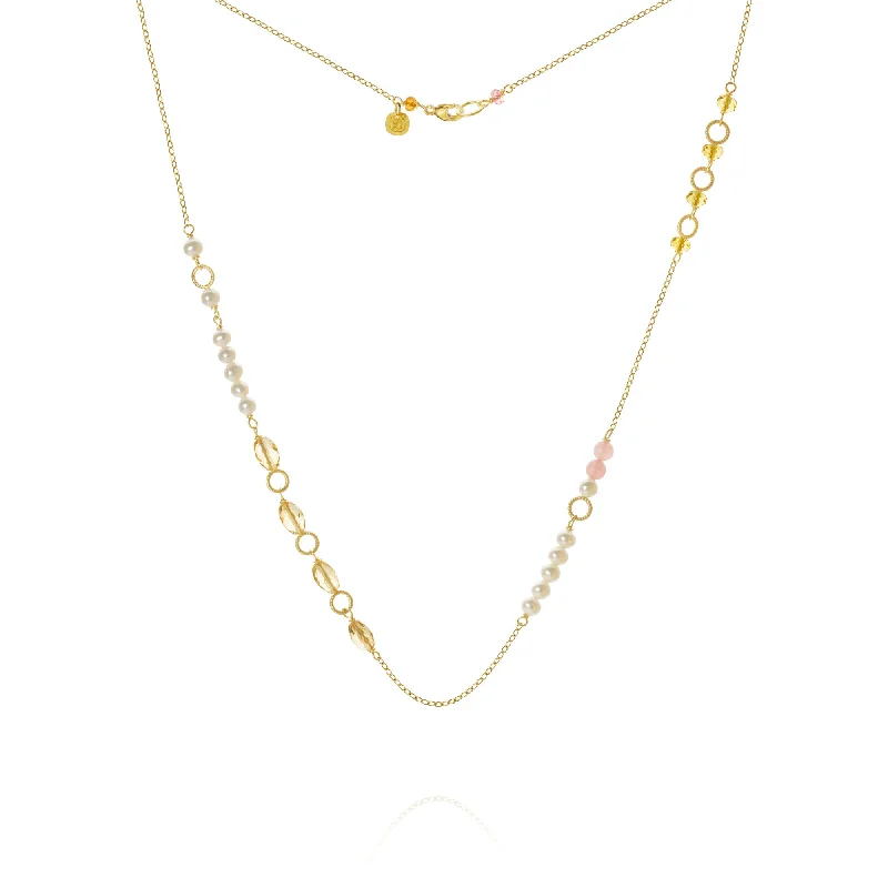 Ladies gemstone chain necklace-Piccolo Mellow 18K Gold Necklace, 43 cm w. Pearl, Quartz & Sapphire