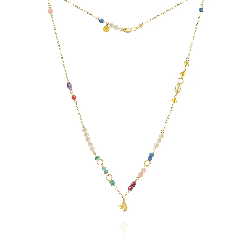 Ladies layered gold necklace-Piccolo Bloom Leaf 18K Gold Necklace, 43 cm w. Emerald, Ruby, Quartz, Kyanite, Pearl, Citrin, Coral & Amethyst