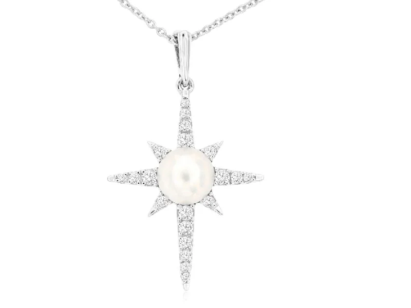 Ladies vintage-style gold necklace-Pearl Center Diamond Star Necklace