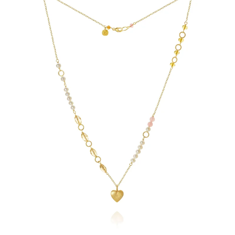 Ladies moonstone necklace-Piccolo Mellow Heart 18K Gold Necklace, 43 cm w. Pearl, Quartz & Sapphire