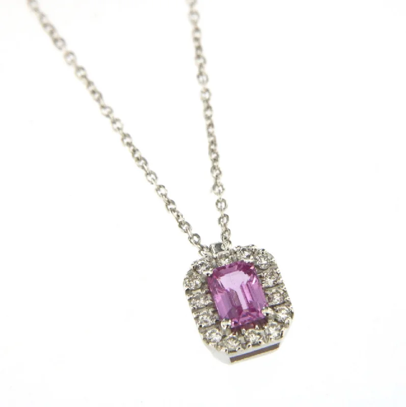 Ladies gemstone pendant necklace-Candy 18K White Gold Necklace w. Diamonds & Pink Sapphire