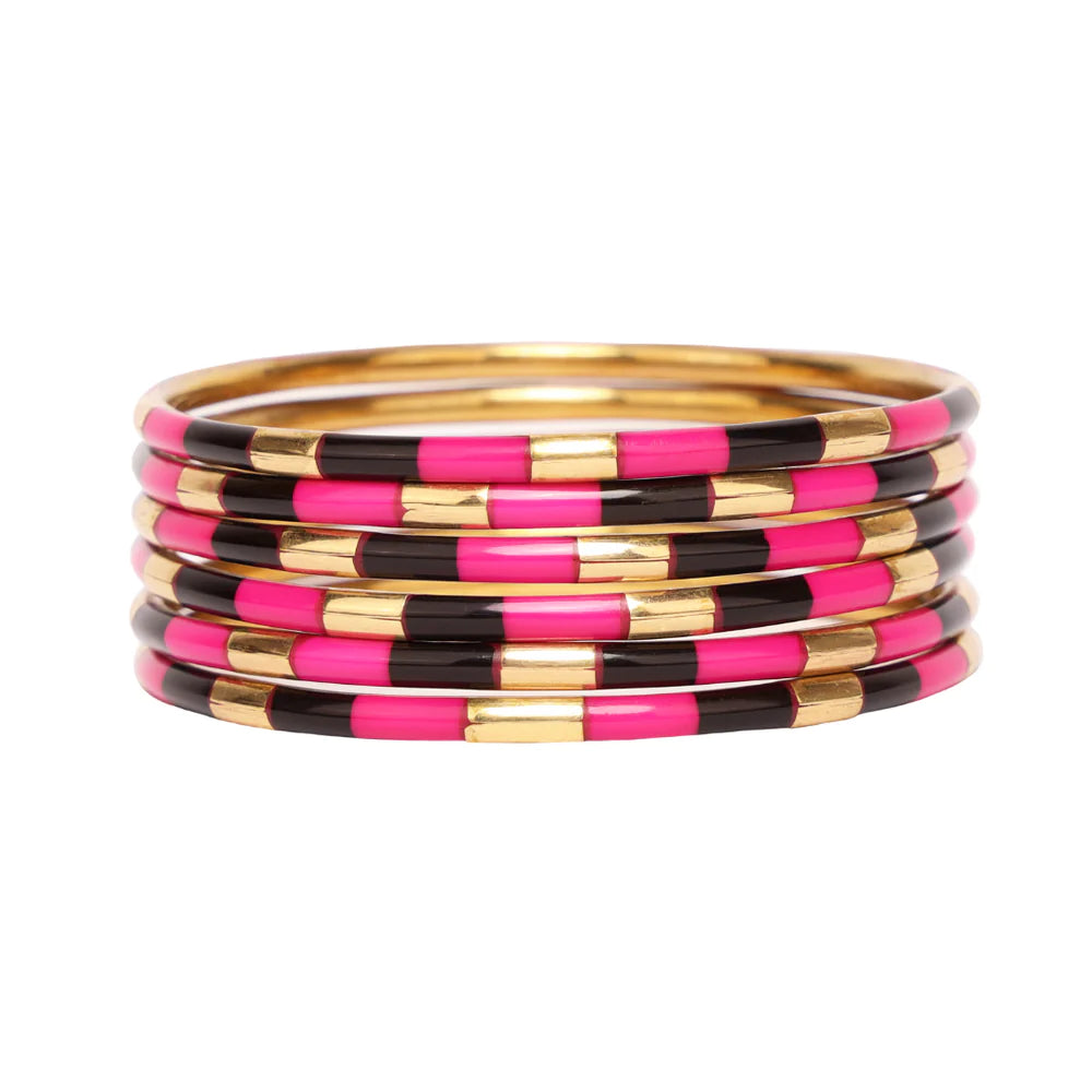 Ladies engraved bangle-BuDhaGirl | Set of Six | Veda X Bangles in Pink and Black