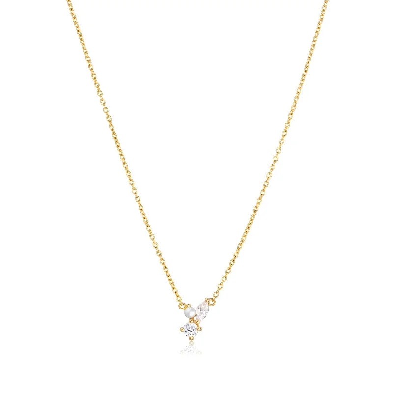 Ladies silver chain necklace-Adria Tre Piccolo Gold Plated Necklace w. White Zirconias & Pearl