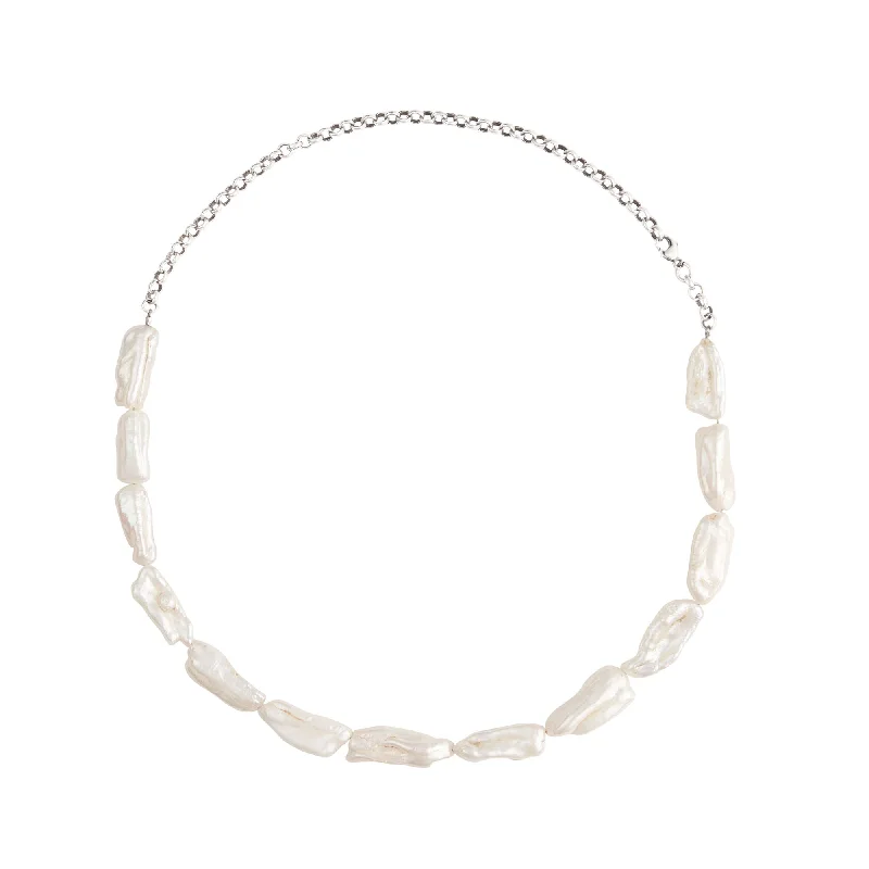 Ladies multi-strand necklace-Biwa Silver Choker Necklace w. Pearls