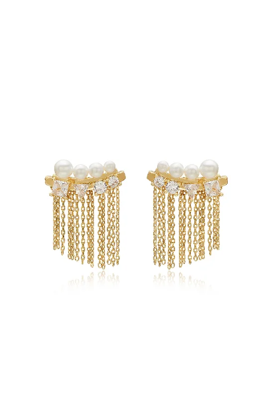 Ladies chandelier earrings-Crystal and Pearl Three-In-One Ear Crawlers