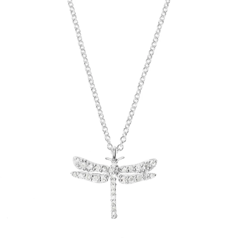 Ladies heart-shaped necklace-Dragonfly Silver Necklace w. Diamond