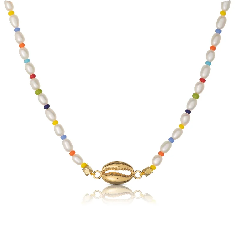 Ladies diamond chain necklace-Cowrie 18K Gold Plated Necklace w. Pearls