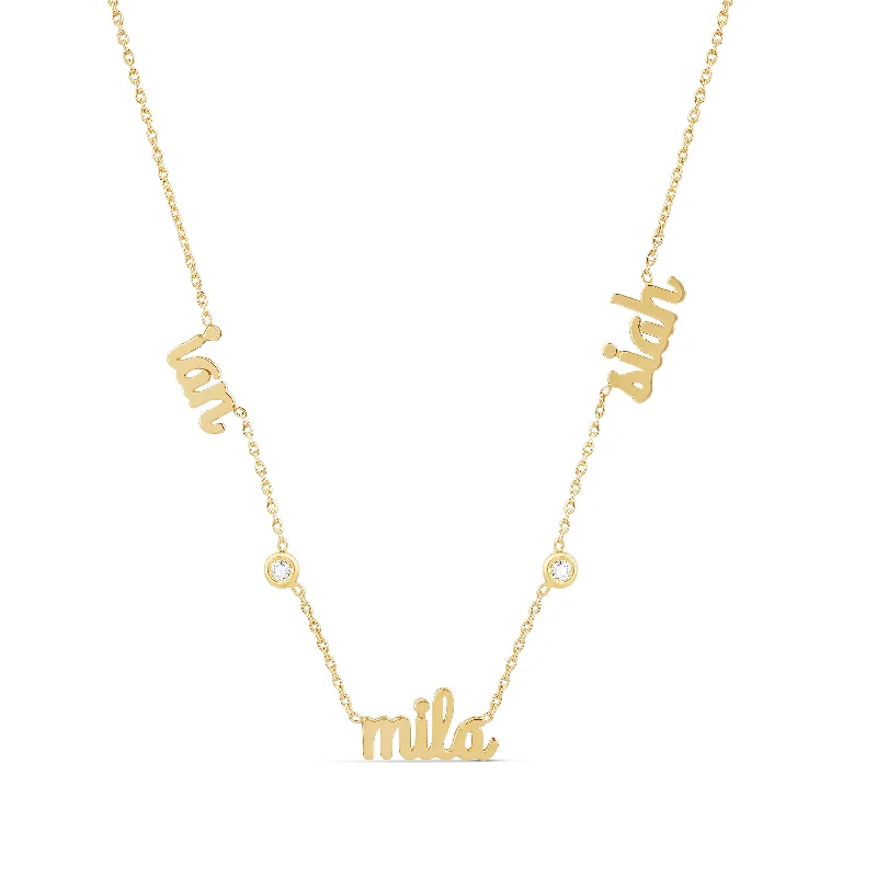 Ladies gold link necklace-Custom Multiple Names Necklace with Diamond Bezel in Between