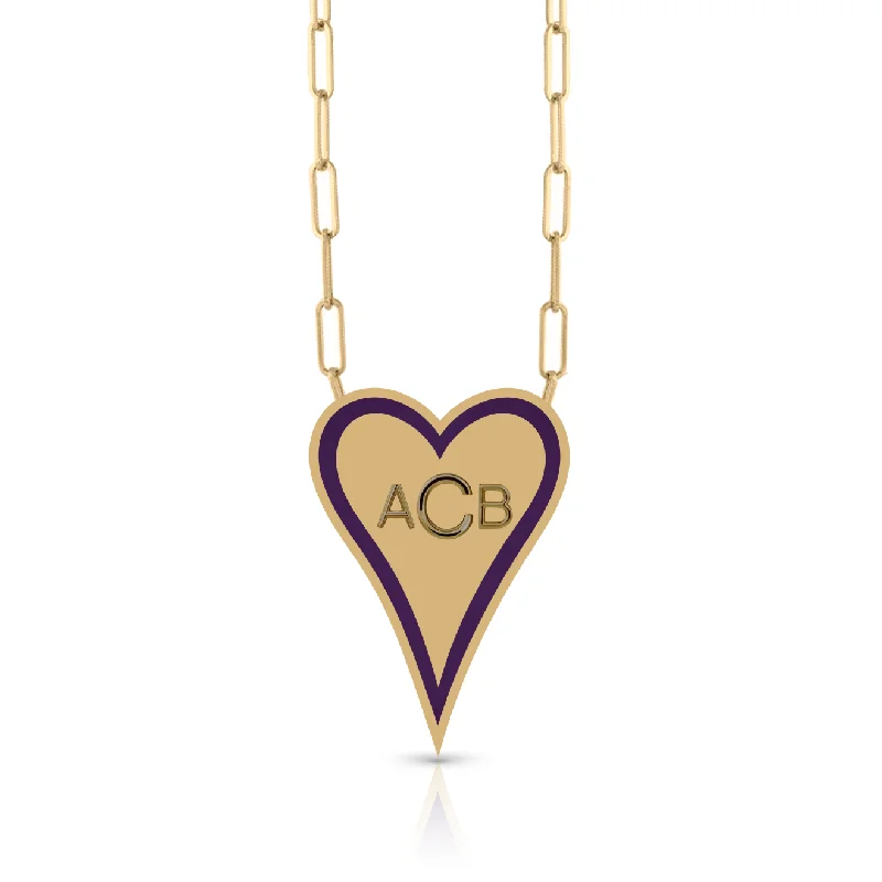 Ladies classic diamond necklace-Enamel Outline Elongated Heart + Initials PaperClip Necklace