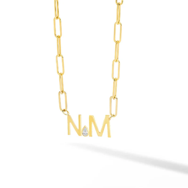 Ladies charm necklace-Multiple Initials + Diamond Fancy Shapes Paperclip Necklace