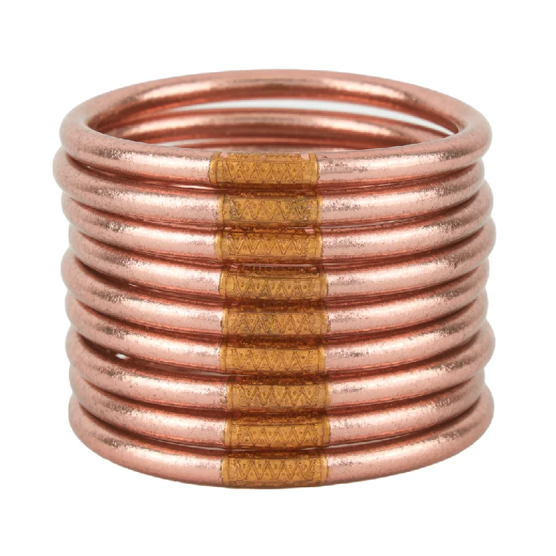 Ladies gold-plated bangle-BuDhaGirl | Set of Nine | All Weather Bangles in Rose Gold