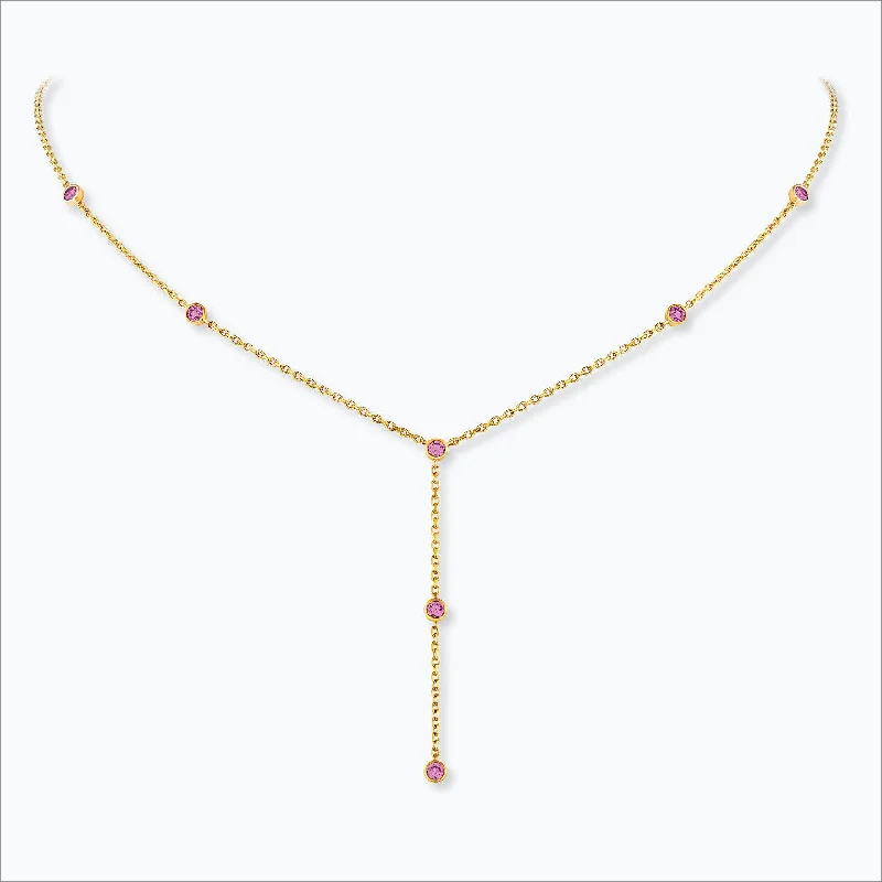 Ladies name necklace-7 Stone 18K Gold Necklace w. Pink Sapphires