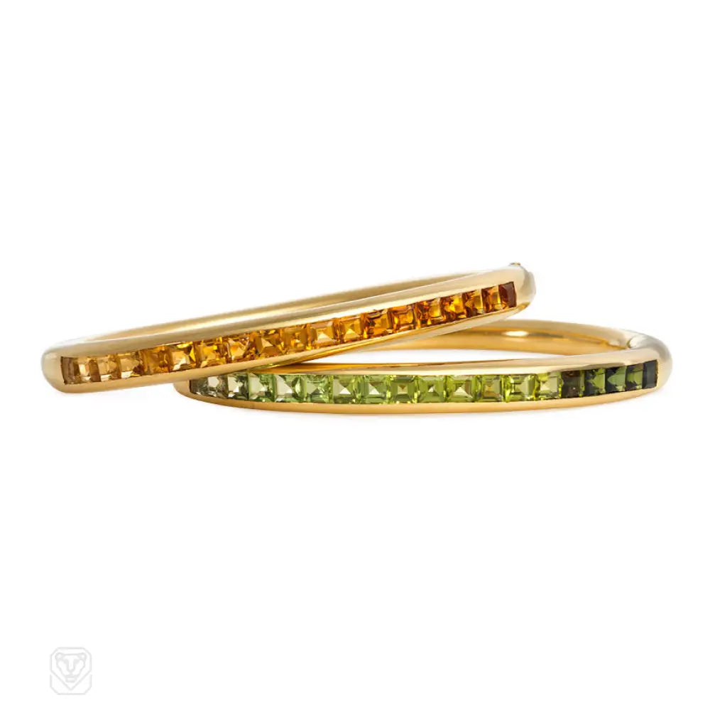 Ladies simple bracelet-Gold bangles set with citrines and peridots, Bulgari