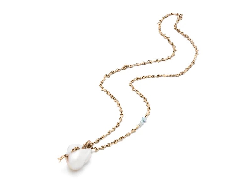 Ladies minimalistic necklace-Mermaid Pearl Pendant on Waves 18K White Gold & Rose Gold Necklace