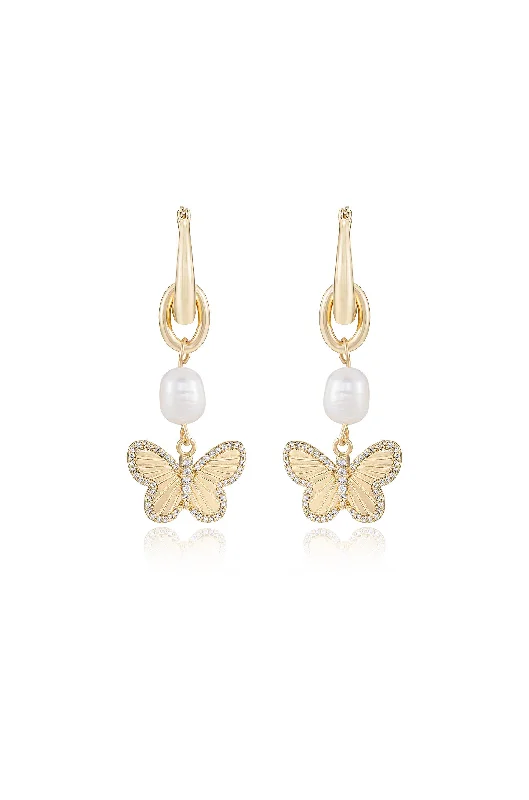 Ladies geometric drop earrings-Butterfly High Pearl Drop Earrings