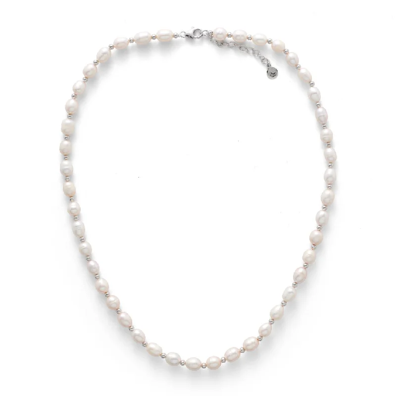 Ladies bar necklace-Bead Silver Necklace w. Pearls