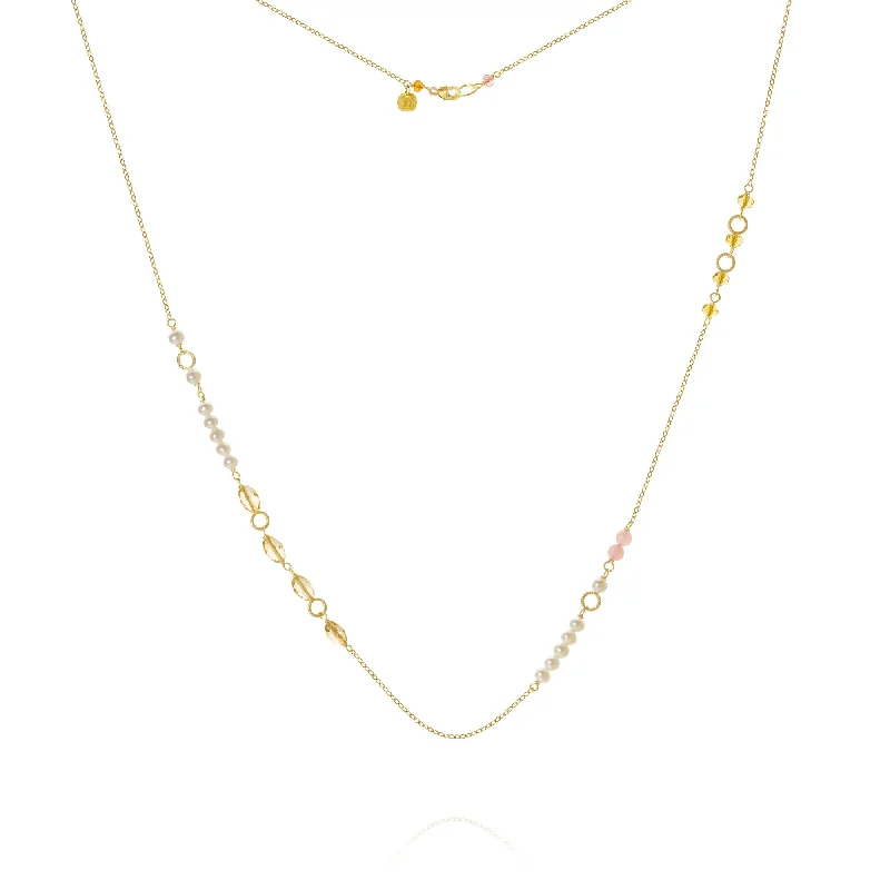 Ladies celestial necklace-Piccolo Mellow 18K Gold Necklace, 62 cm w. Pearl, Quartz & Sapphire