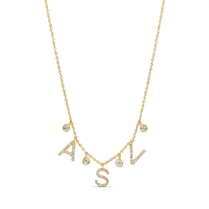 Ladies layered gold necklace-Diamond and Bezels Dangling Initials Necklace