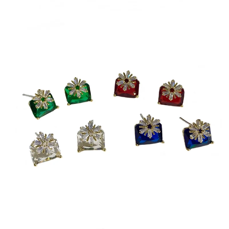 Ladies statement hoop earrings-Flower Birthstone Rectangle Studs