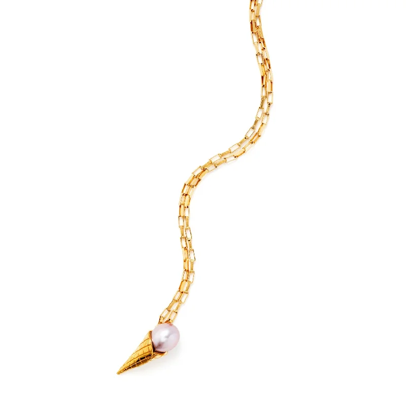 Ladies custom necklace-Small Ice Cream Gold Plated Necklace w. Pearl