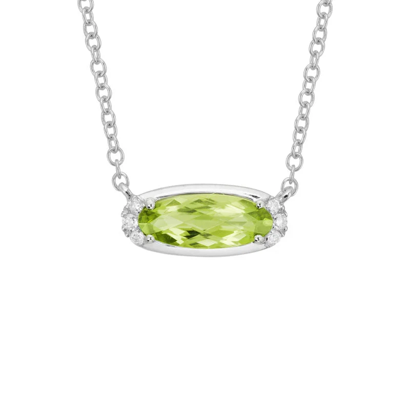 Ladies silver pendant necklace-East-West Oval Peridot & Diamond Necklace