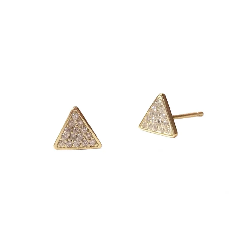 Ladies solid gold earrings-Triangle Pyramid CZ Studs