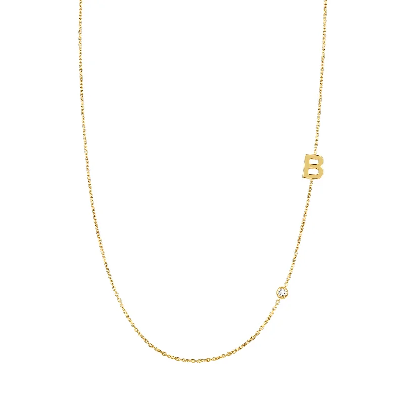 Ladies birthstone charm necklace-Asymmetrical Initial and Bezel Diamond Necklace