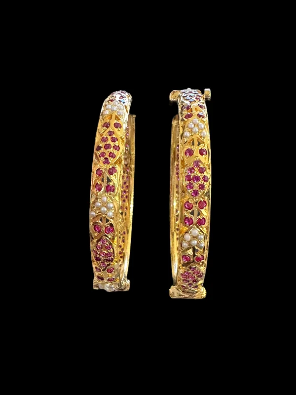 Ladies floral bracelet-Ruby pearl Jadau gold plated silver bangles  ( READY TO SHIP)