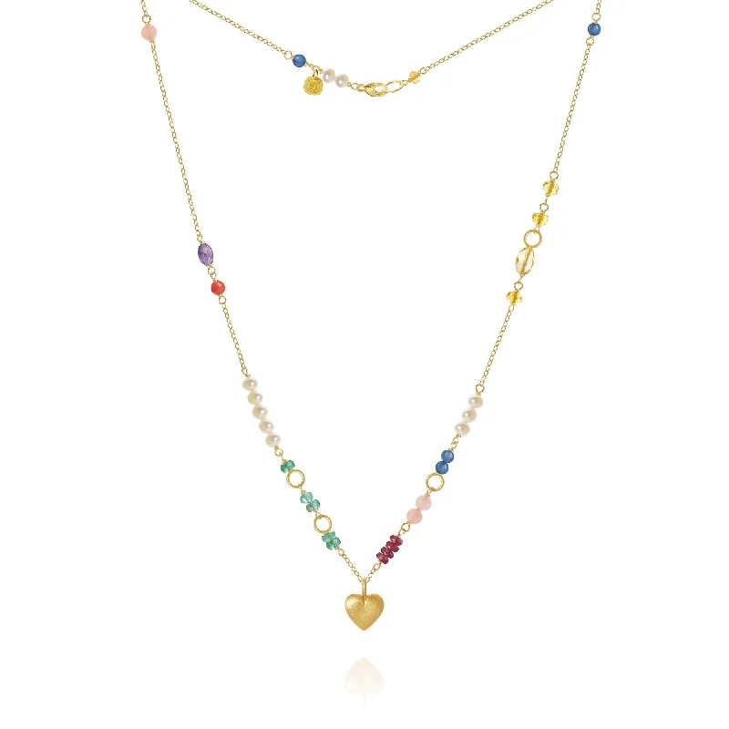 Ladies turquoise necklace-Piccolo Bloom Heart 18K Gold Necklace, 43 cm w. Emerald, Ruby, Quartz, Kyanite, Pearl, Citrin, Coral & Amethyst