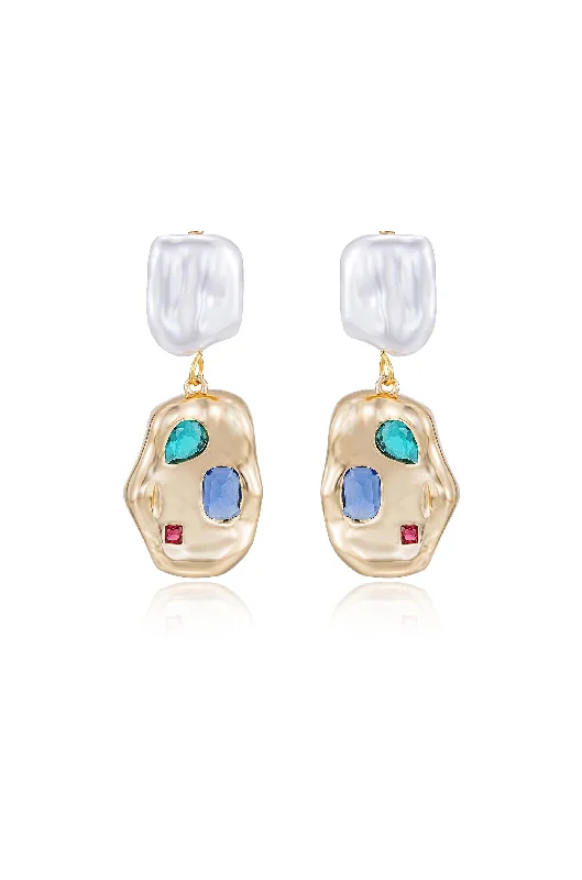 Ladies gold earrings-Rainbow Crystal Nugget & Pearl Earrings