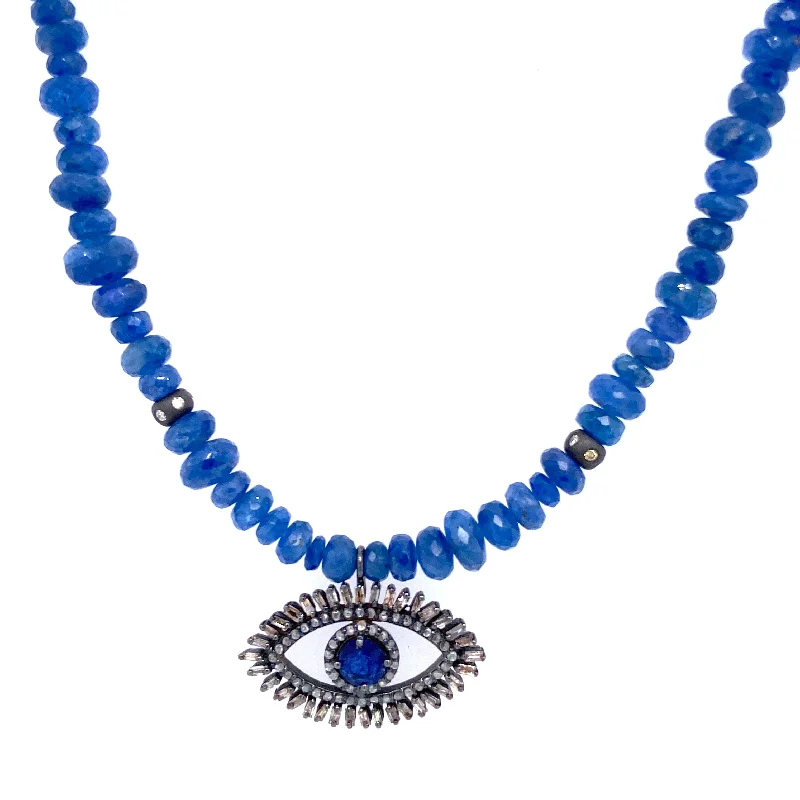 Ladies sterling silver necklace-Rough Cut Sapphire Bead Necklace with Diamond Evil Eye