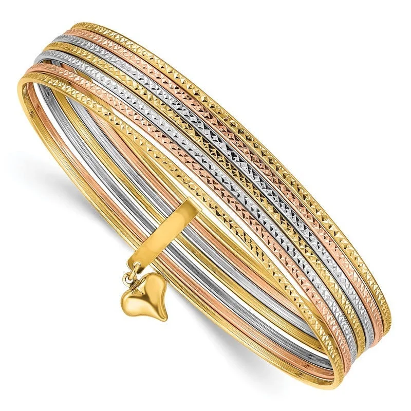 Ladies bohemian bracelet-14K w/Dangle Heart Tri-color Set of 7 Textured Slip-on Bangles