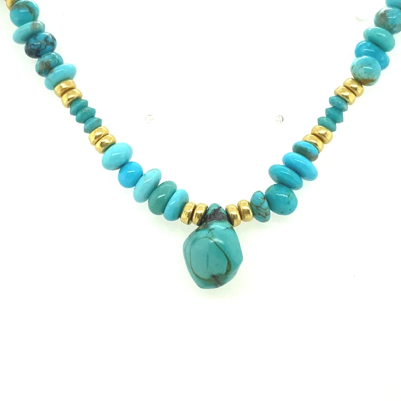 Ladies birthstone necklace-Turquoise Nugget & 18k Yellow Gold Bead Necklace