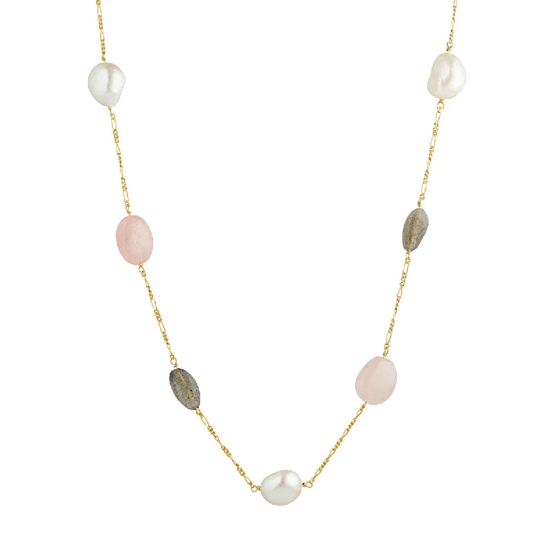 Ladies silver heart necklace-Valentine 18K Gold Plated Necklace w. Pearls, Morganite & Laboradorite