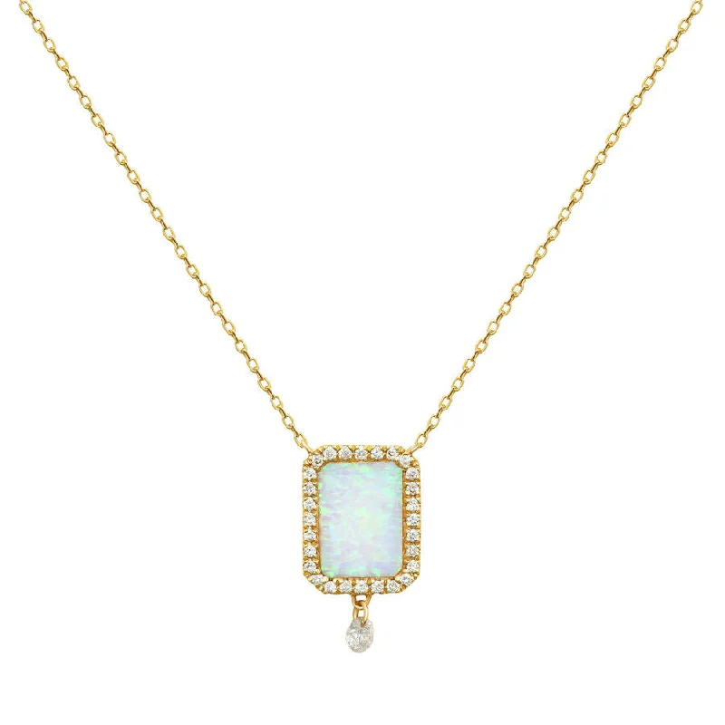 Ladies layered diamond necklace-Collier Semi Precious 18K Gold Necklace w. White Opal & Diamonds