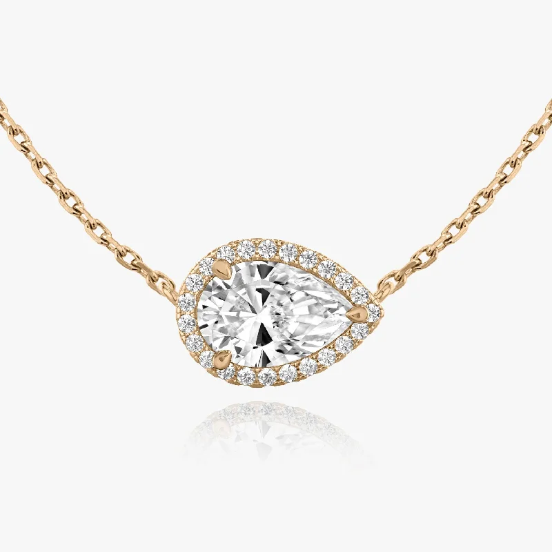 Ladies name necklace-Pear Halo 14K Rosegold Necklace w. Lab-Grown Diamonds