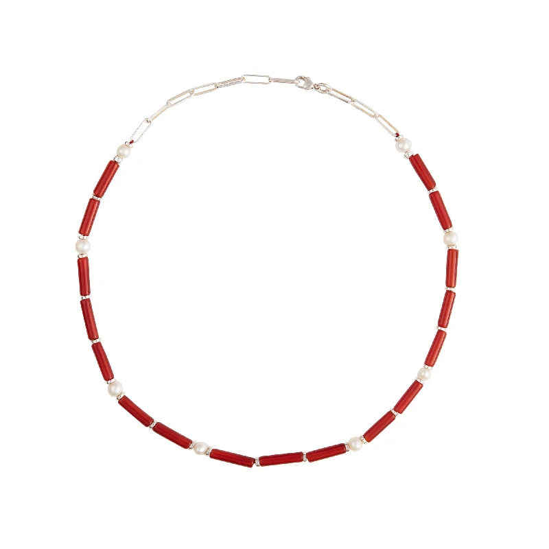 Ladies simple necklace-Carnelian Silver Necklace w. Pearls