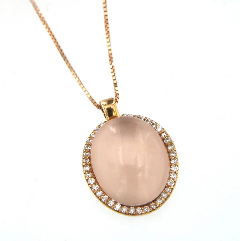 Ladies ruby and diamond necklace-Cabouchon 18K Rose Gold Necklace w. Diamonds & Pink Quartz