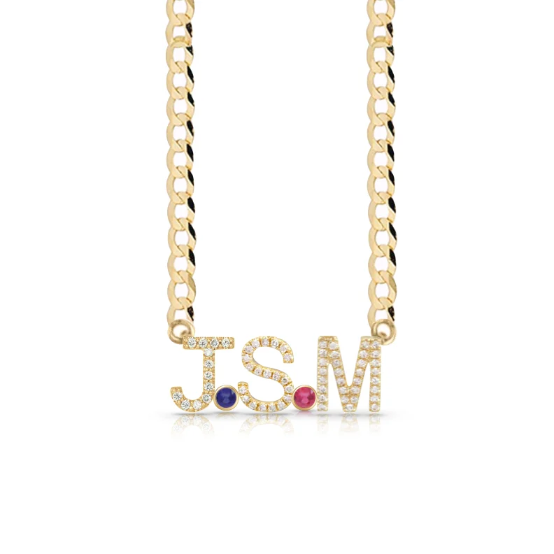 Ladies minimalist gold necklace-Custom Diamond Initials and Bezels Cuban Link Necklace