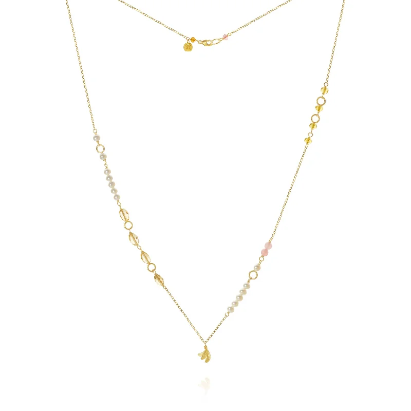 Ladies vintage-style gold necklace-Piccolo Mellow Aura 18K Gold Necklace, 62 cm w. Pearl, Quartz & Sapphire