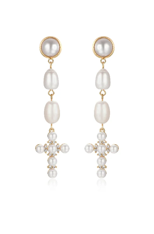 Ladies luxury diamond earrings-Pearl Cross Drop Earrings