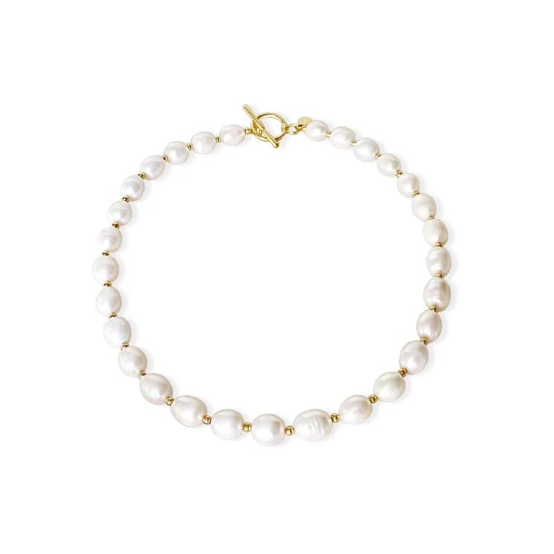 Ladies chain necklace-Beaded 18K Gold Plated Necklace w. Freshwater Pearls