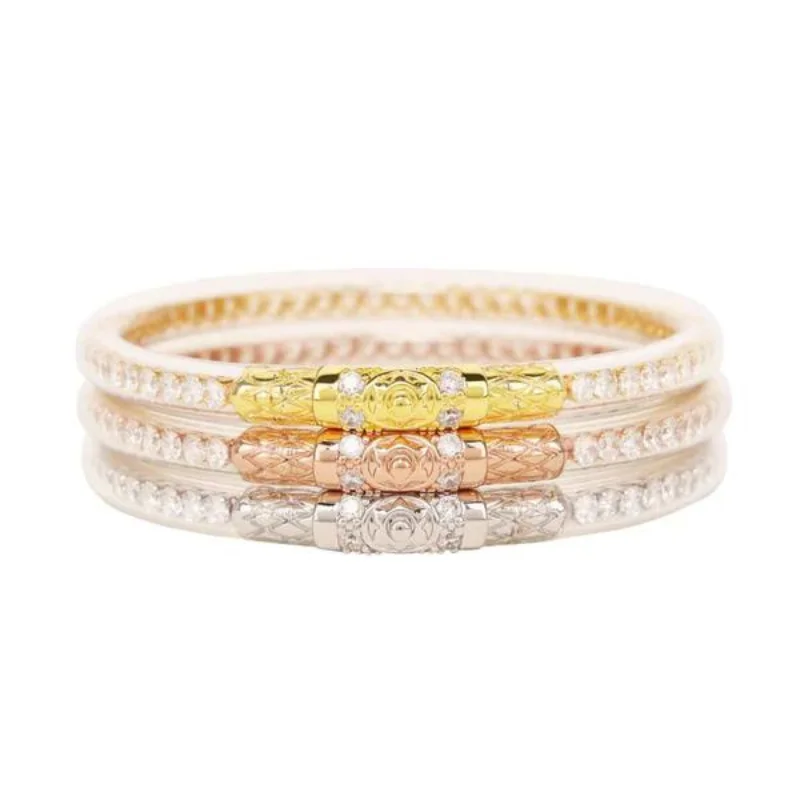 Ladies engraved bangles-BuDhaGirl | Set of Three | Three Queens All Weather Bangles in Clear Crystal