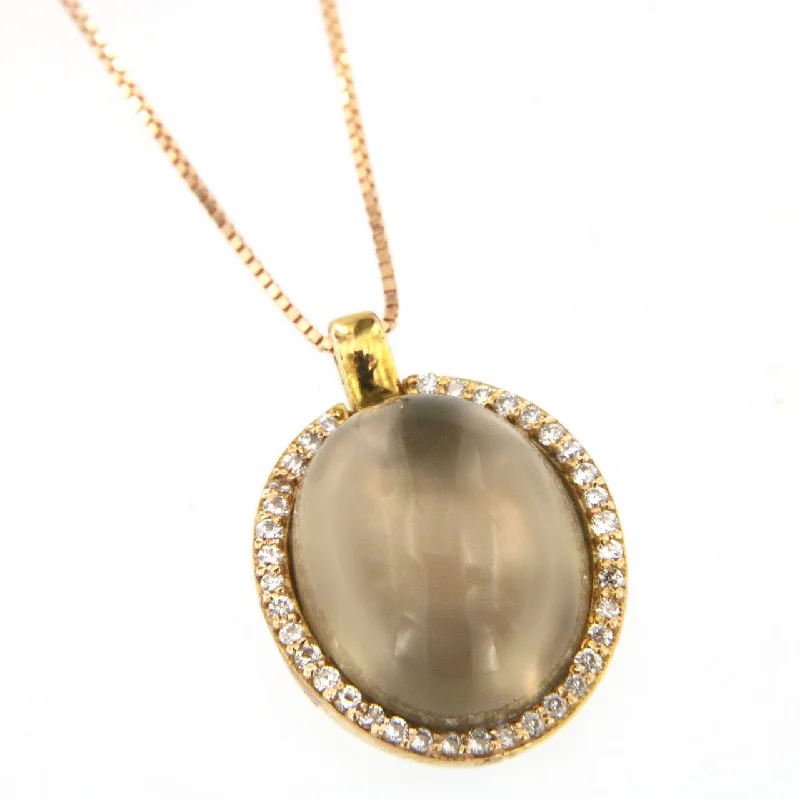 Ladies long chain necklace-Cabouchon 18K Rose Gold Necklace w. Diamonds & Smokey Quartz