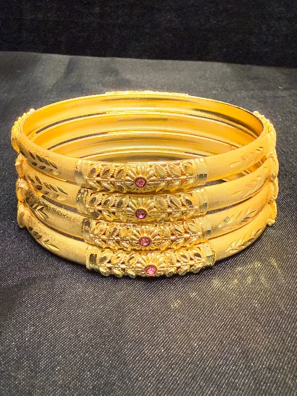 Ladies custom bracelet-Alluring Enamel Gold Plated With Pink Color Beautiful Leaf Design Bangles