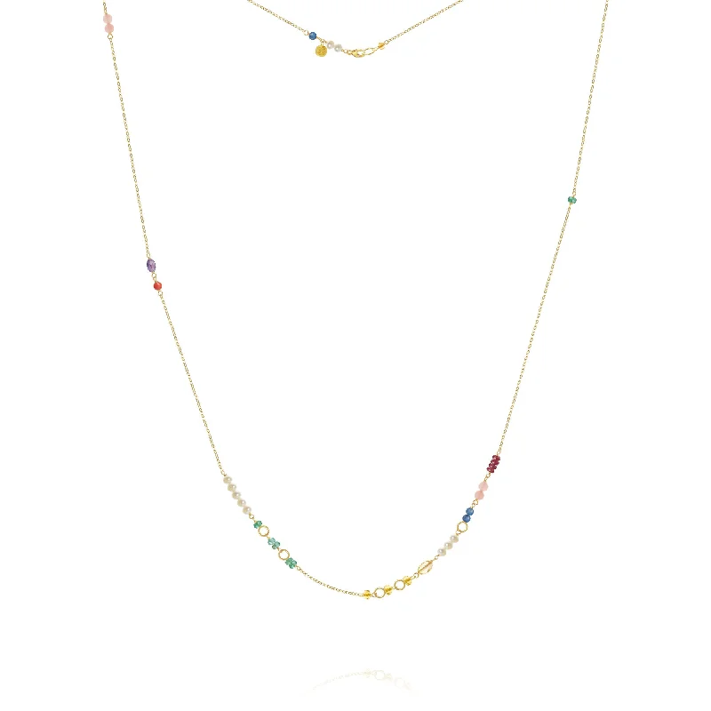 Ladies sapphire and diamond necklace-Piccolo Bloom 18K Gold Necklace, 62 cm w. Emerald, Ruby, Quartz, Kyanite, Pearl, Citrin, Coral & Amethyst