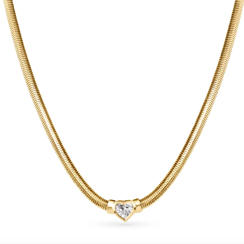 Ladies layered diamond necklace-Heart Bezel Diamond Snake Chain Necklace