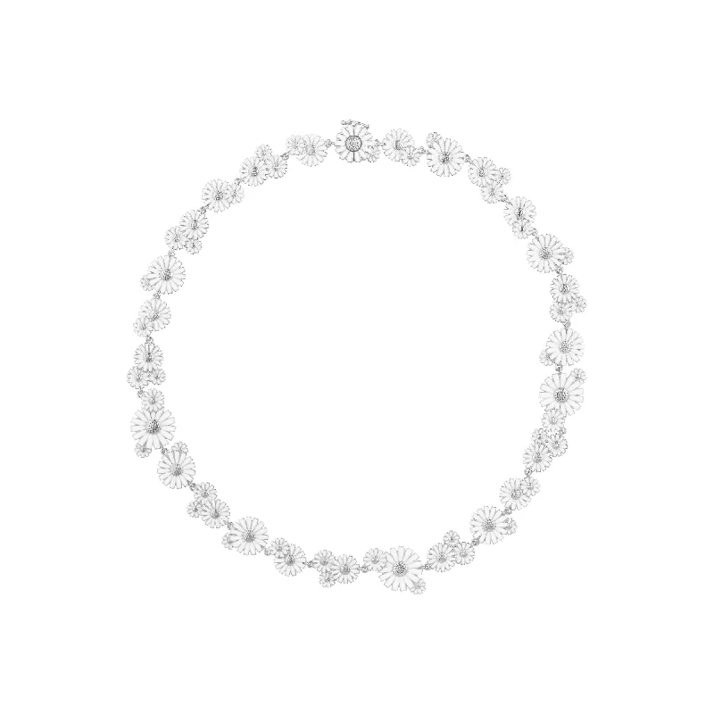 Ladies simple necklace-Daisy Layered Silver Necklace w. White Enamel