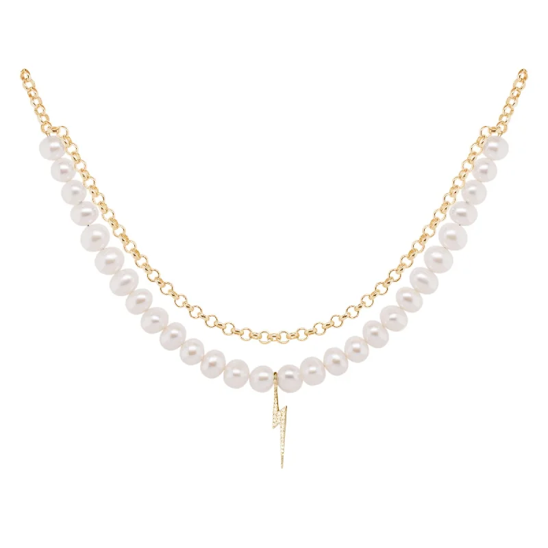 Ladies ruby necklace-Bolt Gold Plated Necklace w. Pearl & Zirconia